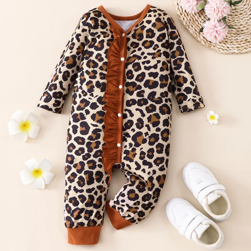 New Baby Clothes Baby Girl Romper Baby Girl Clothes Leopard Ruffles Single Breasted Long Sleeve Baby Rompers Spring Fall 0-18M