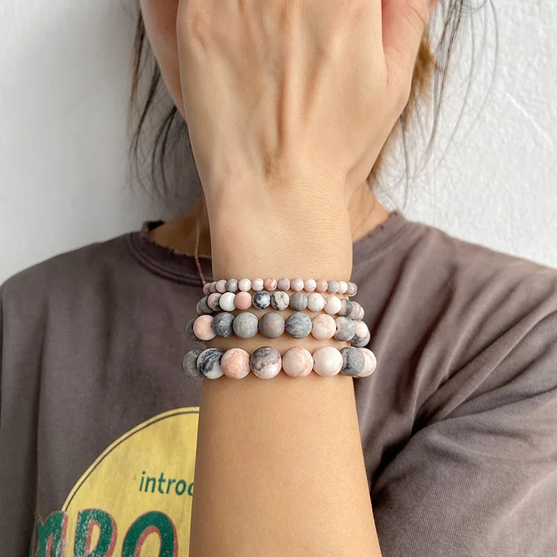 Natural Frosted Pink Zebra Mineral Stone Bracelets Handmade Matte Stone Bead Bracelet Women Men Yoga Meditation Jewelry Gift 1pc