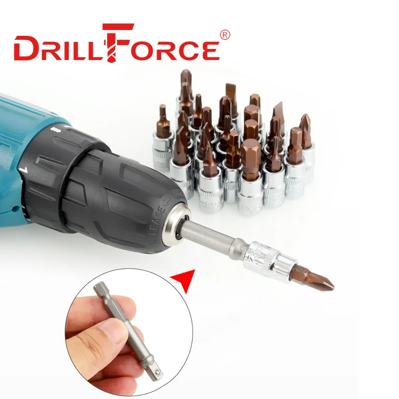 Drillforce 1/4 "Drive Torx esagono scanalato Phillips Pozi Socket Bit S2 adattatore chiave dinamometrica chiave a cricchetto strumenti di riparazione domestica