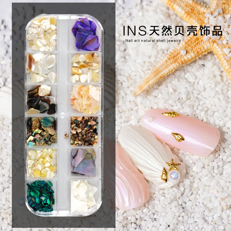 

12 Grids 3D Gold Metal Nail Studs Sea Starfish Shell Slice Flakes Ocean Theme UV Gel Polish Nail Art Decoration Rhinestone Tips