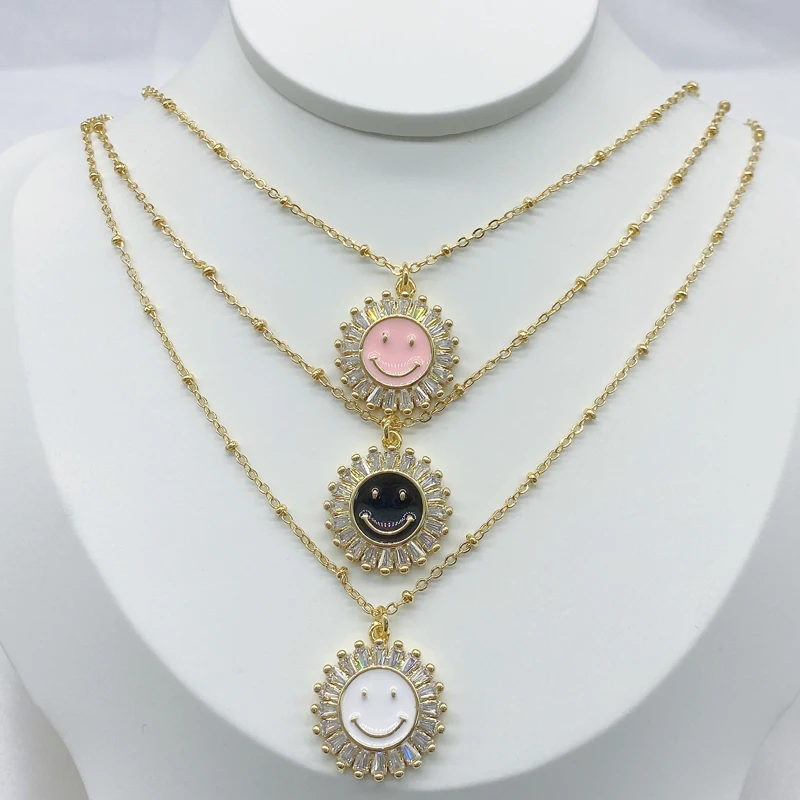 5PCs/lot O-Shape Chain Round Rhinestone Round Enamel Happy Smile Face Necklace