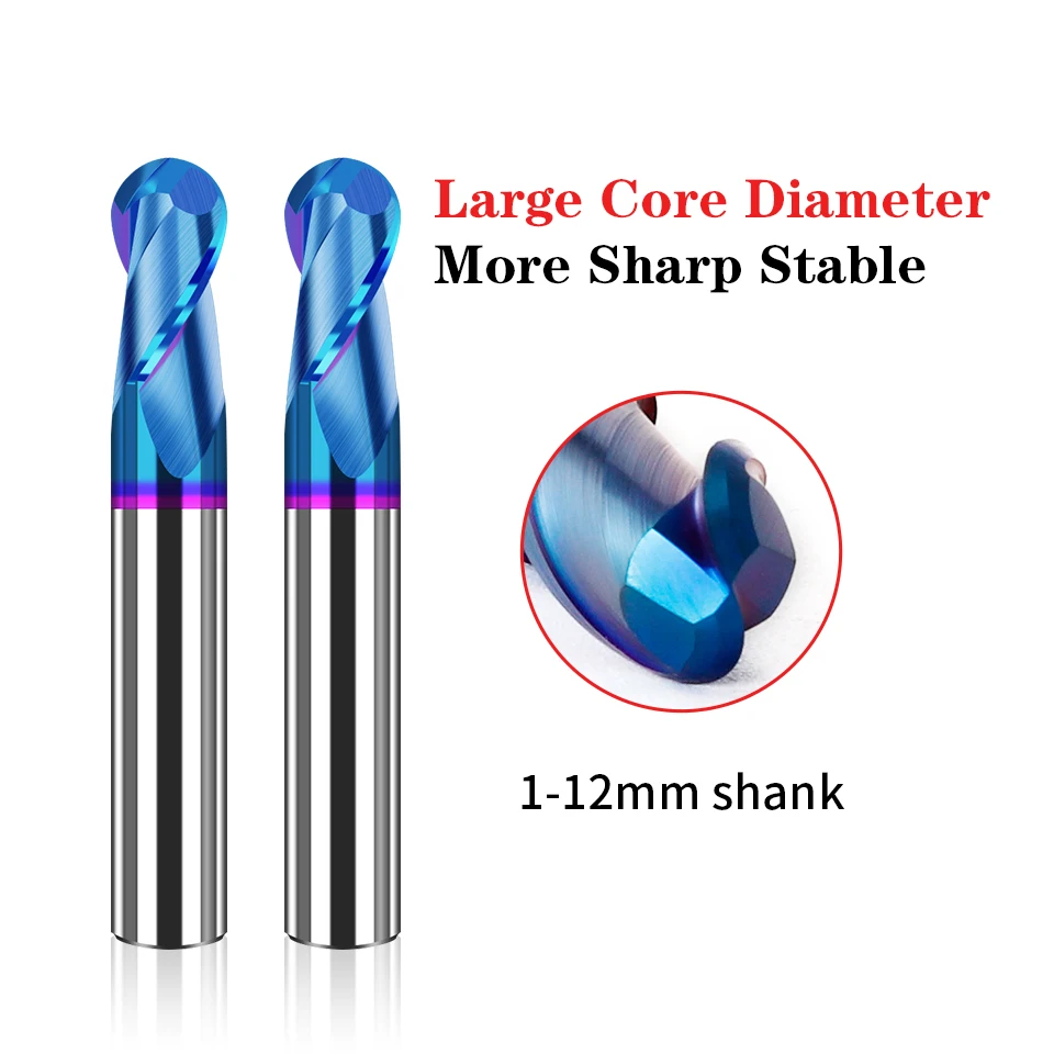 AUGT Ball Nose End Mill HRC65 1-20mm Shank 2 Flute CNC Router Bit Nano Blue Coated Carbide Milling Cutter For Metal Tools