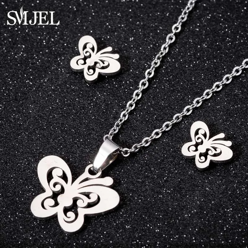 Cute Stainless Steel Butterfly Necklace & Earrings Set