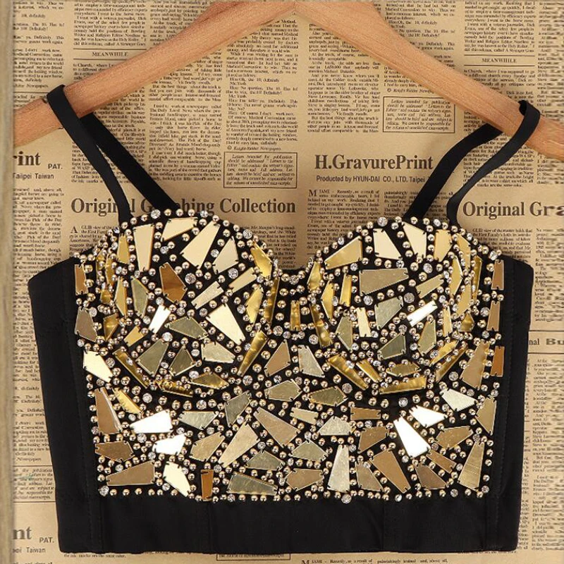 Women Sexy Beaded Diamond Shiny Sequins Camisole Night Club Party Corset Crop Tops Glass Padded Push Up Bustier Bra Bralette