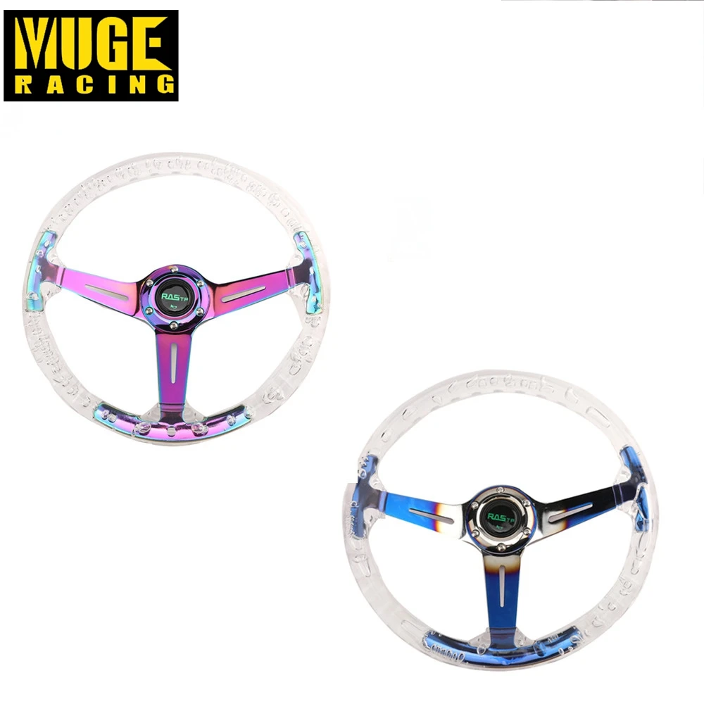 MUGE-Racing Transparent Steering Wheel 14 Inch 340mm Sport Acrylic Dimple Neo Chrome  Car Steering Wheel  Horn Button RS-STW029