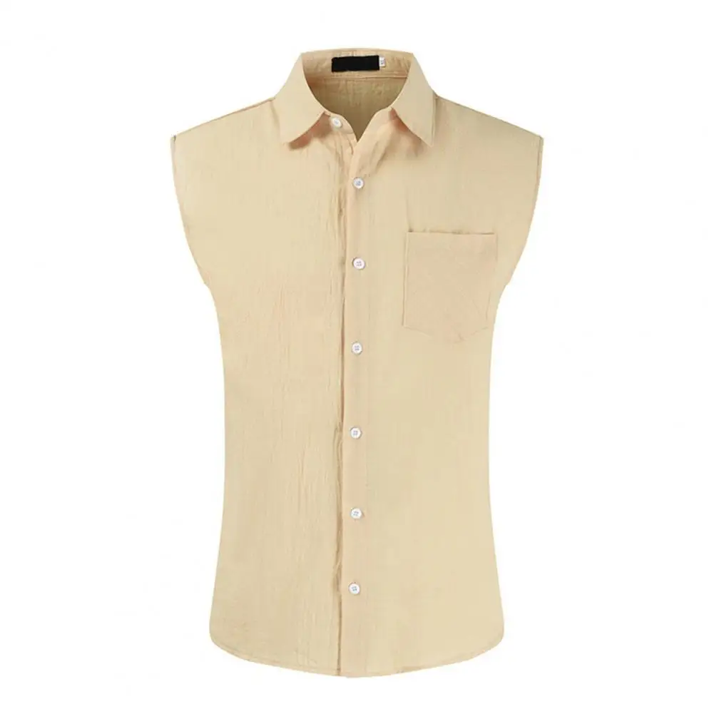 Men Shirt Single-Breasted Solid Color Summer Sleeveless Lapel Top قمصان وبلوزات