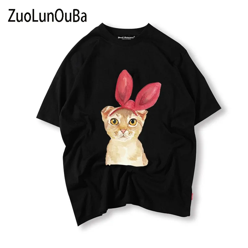 

ZuoLunOuBa Summer Fashion Women's T Shirt Cute Cat Bow Print Harajuku Short Sleeve Round Neck Loose Black Tees Tops