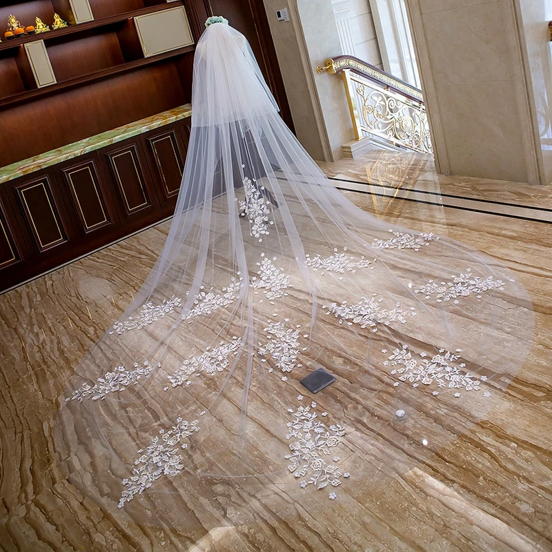 New arrival Ivory Wedding veil with colorful Lace Appliques Bridal cathedral veil vel de noiva wedding accessories