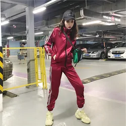 2023 New Spring Two Piece Set Green Zip Up Striped Tape Jacket And Drawstring Pants Tracksuit Women Satin Streetwear Casual