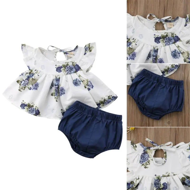 New Summer Floral Round Neck Tops Harem Shorts Girl Casual Cotton Cute 2PCs Newborn Baby Girls Clothes Set Infant Clothing