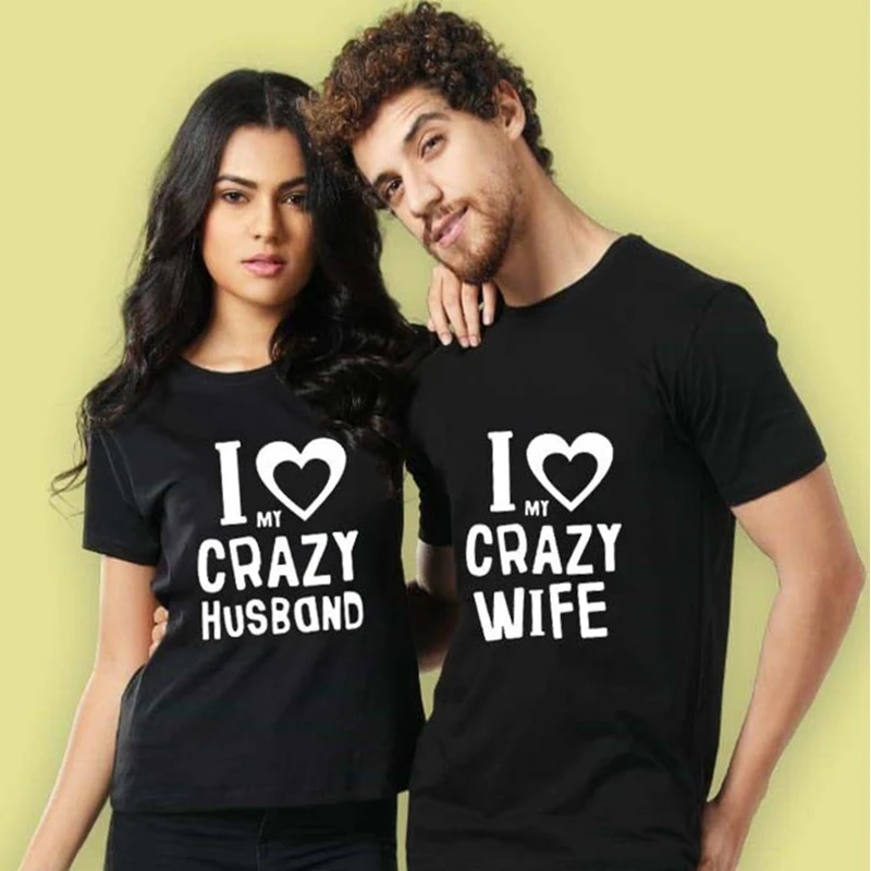 

SKMY Harajuku Fashion I LOVE MY CRAZY HUSBAND & WIFE Couples Short Sleeve T-Shirts For Men And Women Summer Clothes Tops