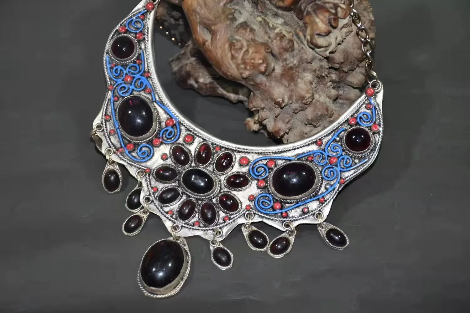 

Old Chinese handmade Tibetan silver & cloisonne & gemstone necklace, video guide, personal collection