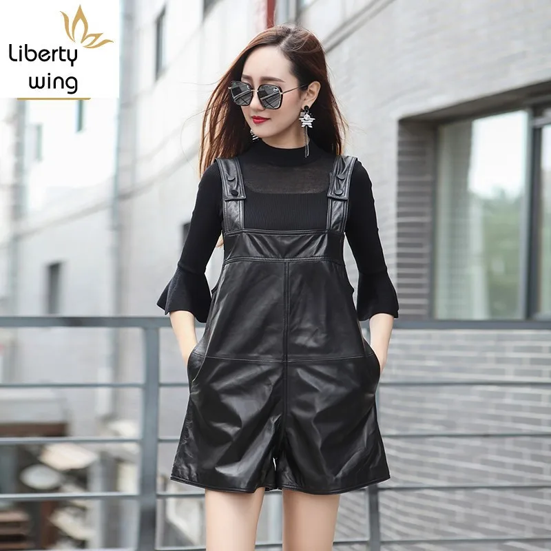 European Short Black Leather Ladies New Loose Wide Leg Pants Female Slim Sling Sheepskin Jumpsuit Women Spring Autumn