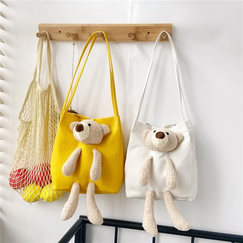 

Cartoon Bear Canvas Large Capacity Tote Bags Student School Bag Women's Shopper Bag Female Kawaii Doll Messenger Bag