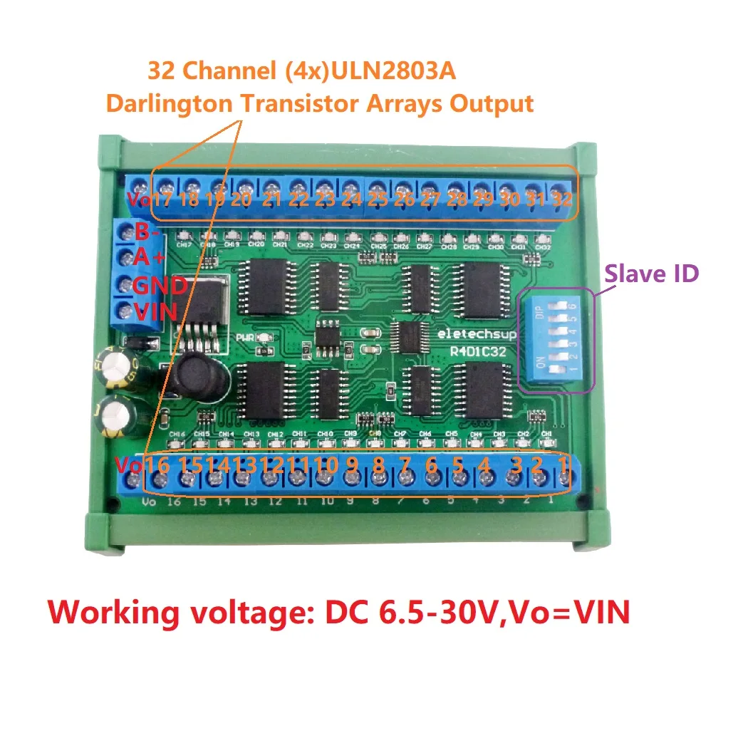 DC 6.5-30V 32ch DIN35 C45 Rail Box RS485 Modbus RTU Controller 300MA Driver Module for PLC Relay Switch LED Motor