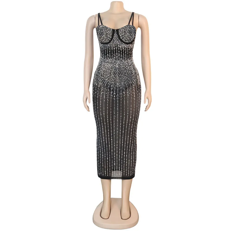 Kricesseen seksowne cekiny świecące kryształy Midi sukienka Vestidos Sparkle Mesh opalizujący dżetów body sukienka odzież klubowa