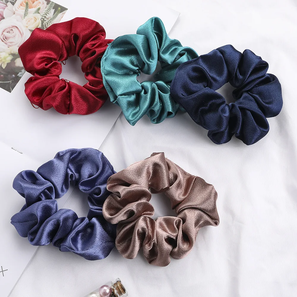 2PCS Bright Satin Silk Scrunchies Solid Large Elastic Rubber Hair Bands Women Girls Ponytail Holder Hair Rope Accessories Set