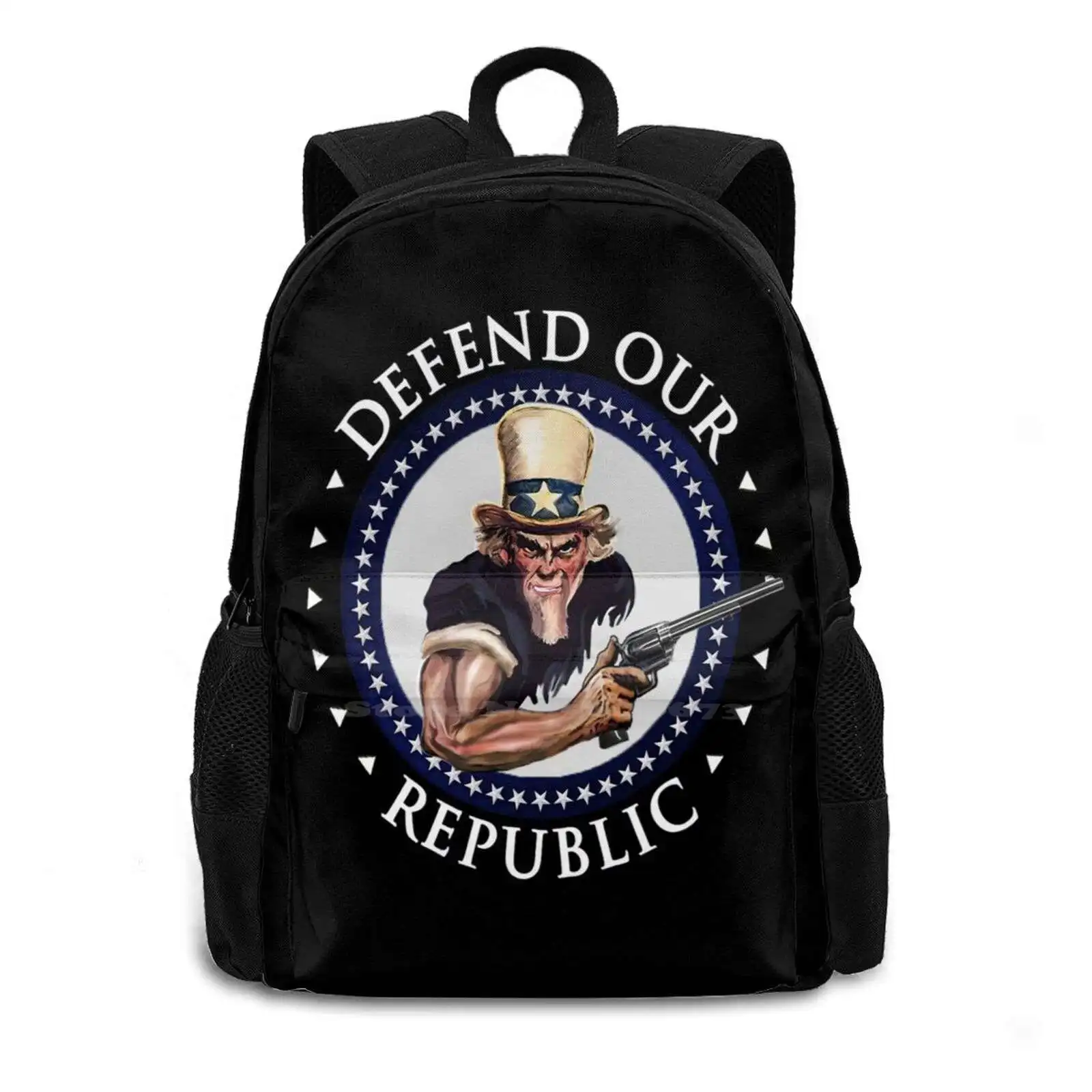 Defend Our Republic-Uncle Sam With Hand Gun / Firearm / White Text Women Men Teens Laptop Travel School Bags National A