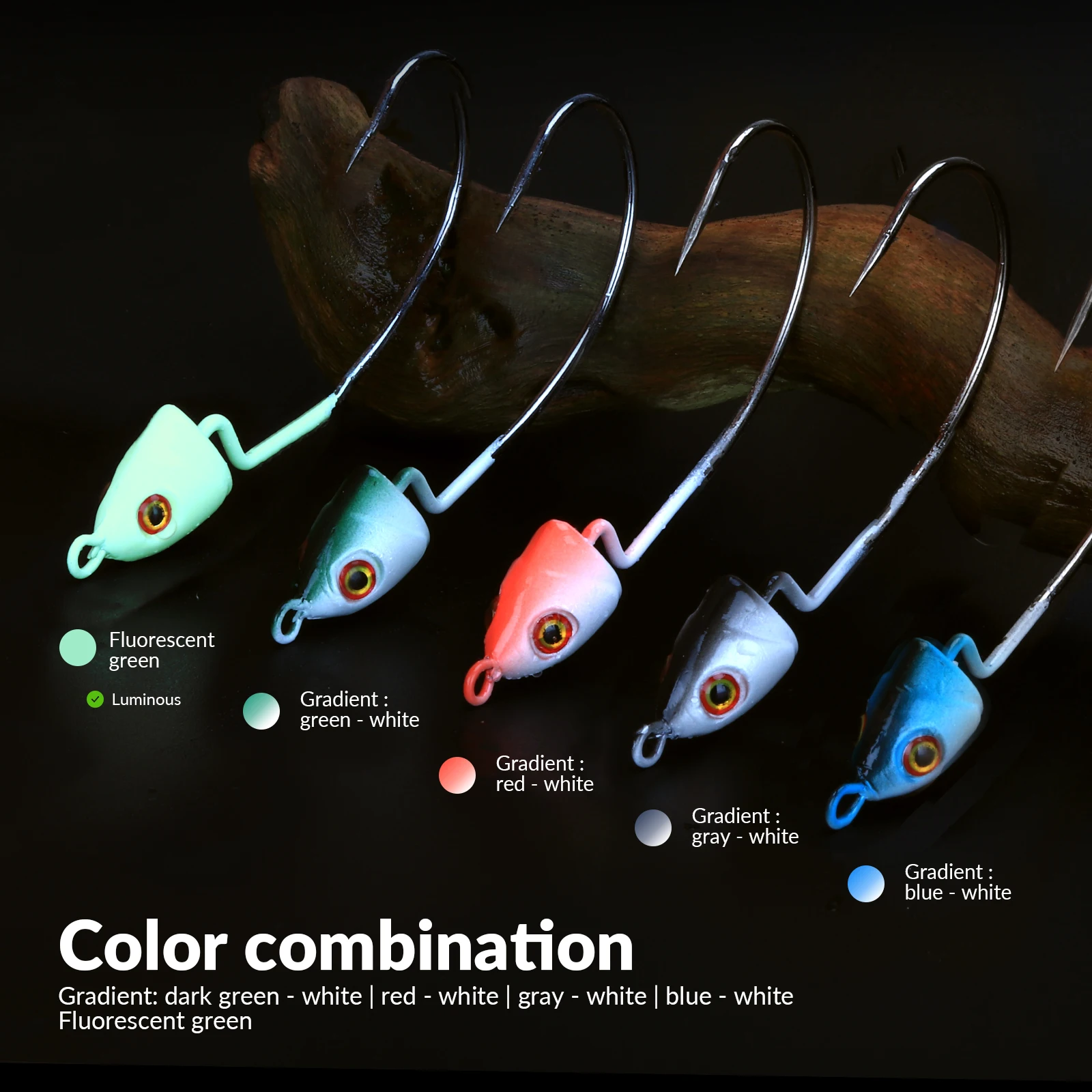 5pcs Luminous Jig Head Hooks 3.7g 4.9g 7.6g 10.3g 15g Lead Head Fishing Hooks For Soft Lure Freshwater Glow Fish Head Fishhooks