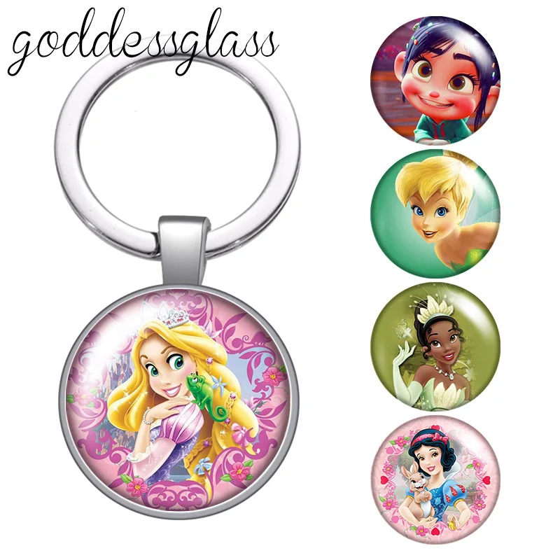 Princesses Tinkerbell Tiana snow white Vanellope glass cabochon keychain Bag Car key chain Ring Holder Charms keychains Kid gift