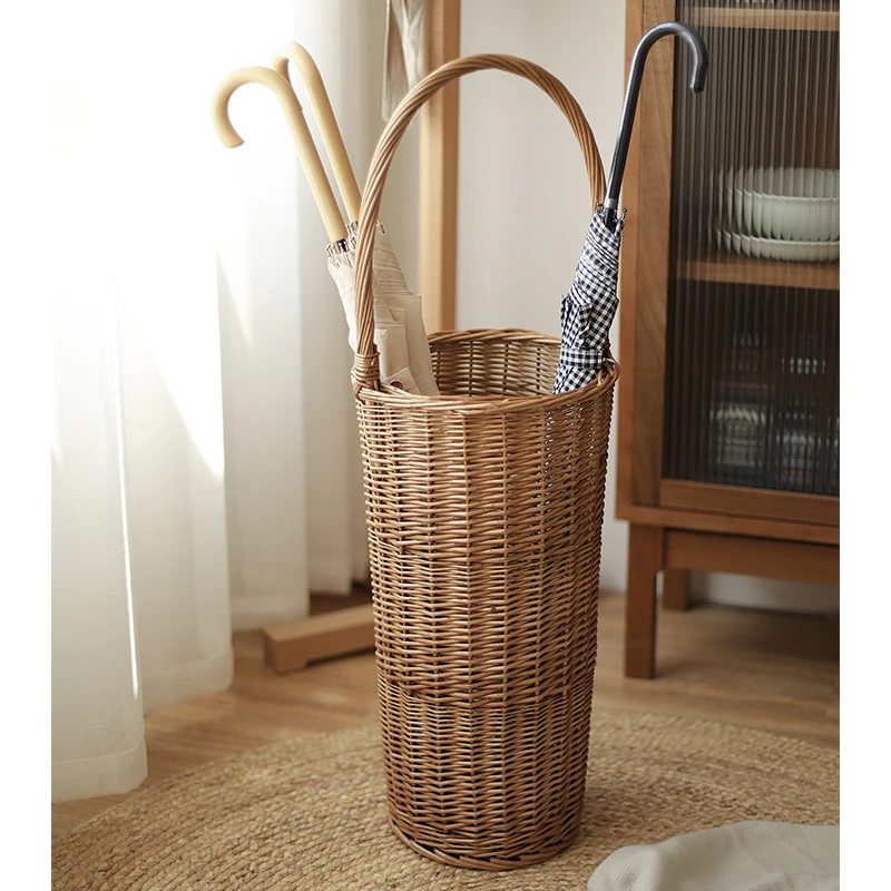 Rattan Umbrella Storage Basket With Handle Japanese Style Creative Home Decor Wicker Weaving Sundries Storage Basket Organizer