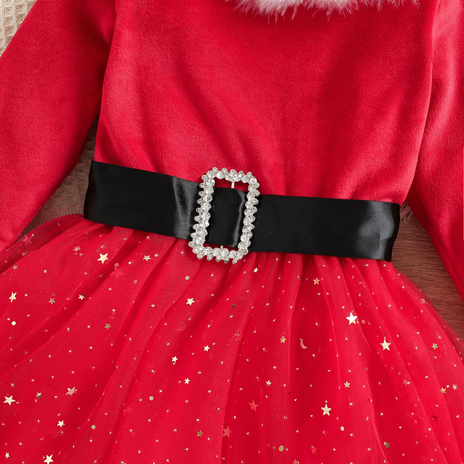 Kids Elf Christmas Party Dress For Girls Fur Collar Belt Sequins Mesh Velvet Dress Xmas Fower Girls Wedding Party Princess Dress