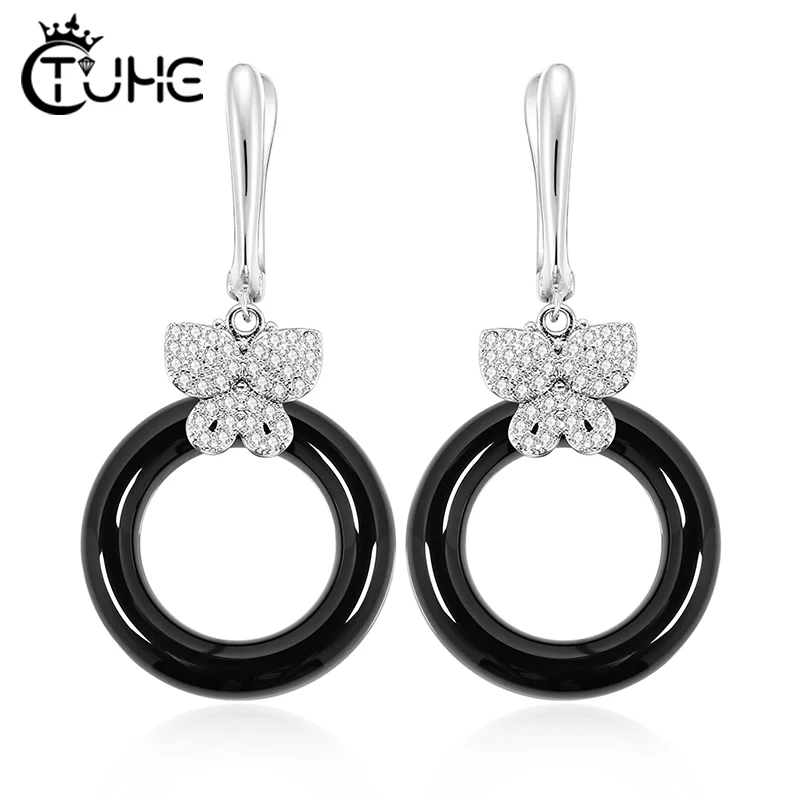 Fashion Butterfly Round Ceramic Earrings For Women Drop Earrings AAA Cubic Zirconia Real Natural Ceramic Wedding Jewlery Gifts