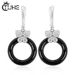 Fashion Butterfly Round Ceramic Earrings For Women Drop Earrings AAA Cubic Zirconia Real Natural Ceramic Wedding Jewlery Gifts