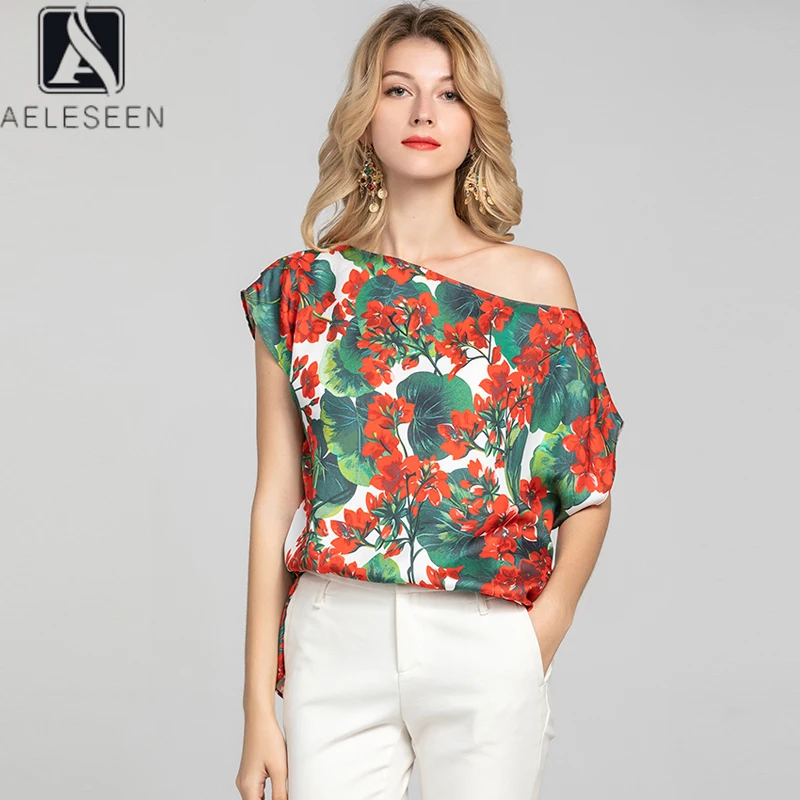 AELESEEN Runway Fashion Top Women T-Shirt Summer Fruit Red Flower Print Slash Neck Loose Women New Tops 2024