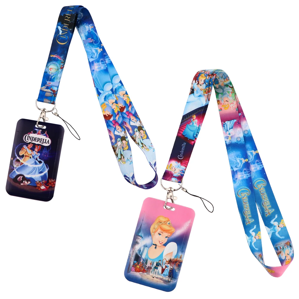 YQ773 Cinderella Lanyard Cartoon ID Card Cover Charm Badge Holder Cartoon Neck Strap Keychain Keyrings Lasso Girls Gift