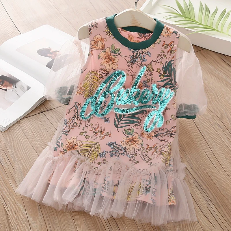 2024 Summer New Design 3 4 5 6 8 10 12 14 Years Lace Patchwork Flower Glitter Print Half Sleeve Cotton Kids Girls Lining Dress