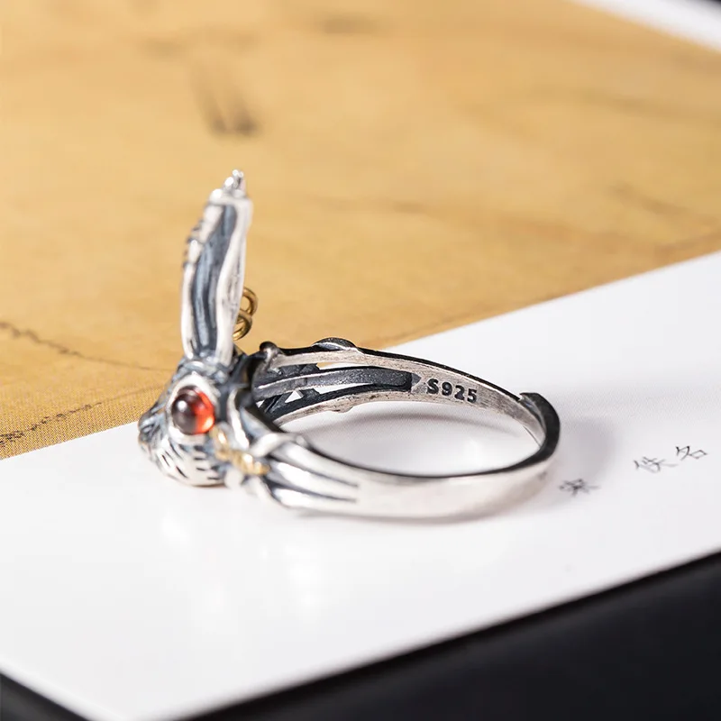 925 Sterling Silver Thai Silver Rabbit Rings Zodiac For Women Adjustable Jewelry Gift Female Animal Trend Punk