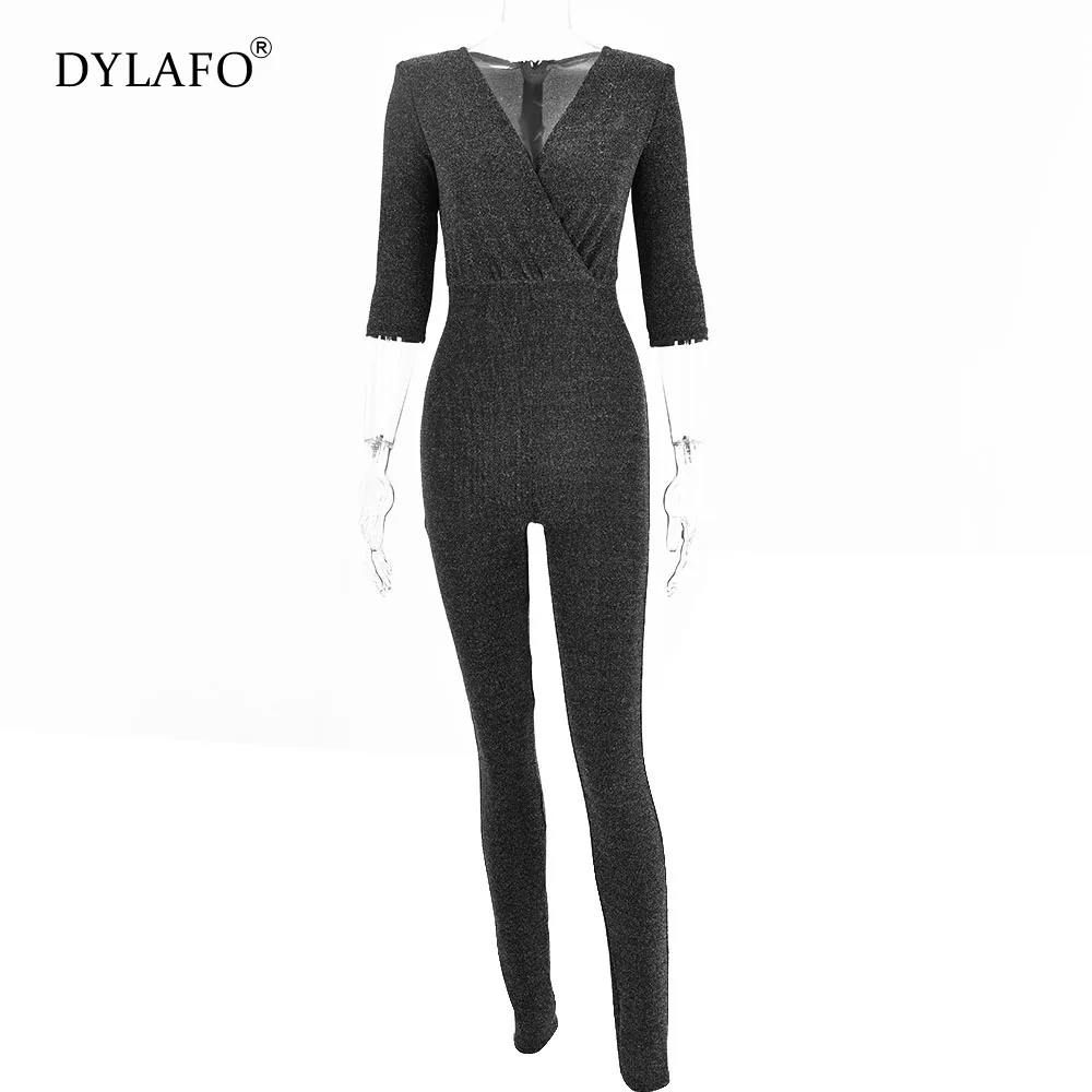 2021 New Black Sparkly Glitter Shoulder Pads Jumpsuit Women Spring V-Neck Bodycon Rompers Elegant Ladies Slim Partywear Overalls