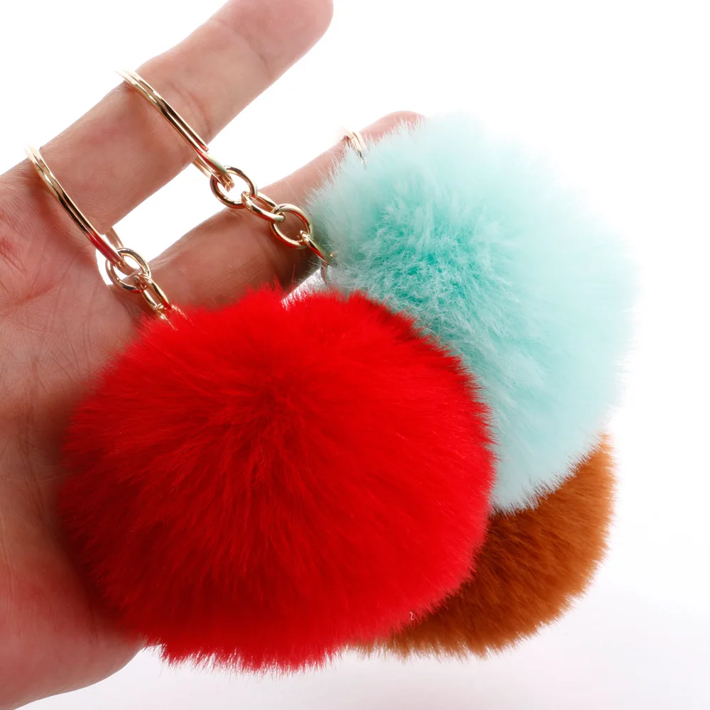 1pcs 7cm Fake Fur Brand Bag Keychain Pompom Car Keyring Gold Color Chains Pompons Fake Fox Rabbit Fur Charms Chain