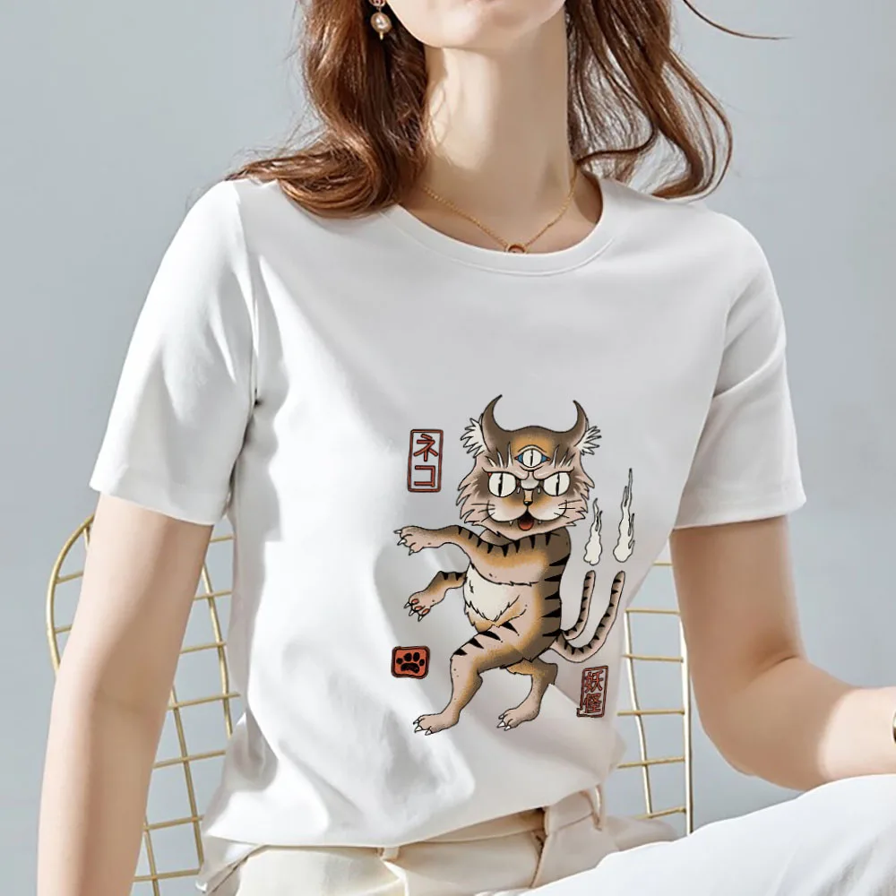 Summer Women's T-shirt Casual Japanese Cartoon Burger Monster Print Short Sleeve Ladies Commuter Round Neck Polyester Top Shirt