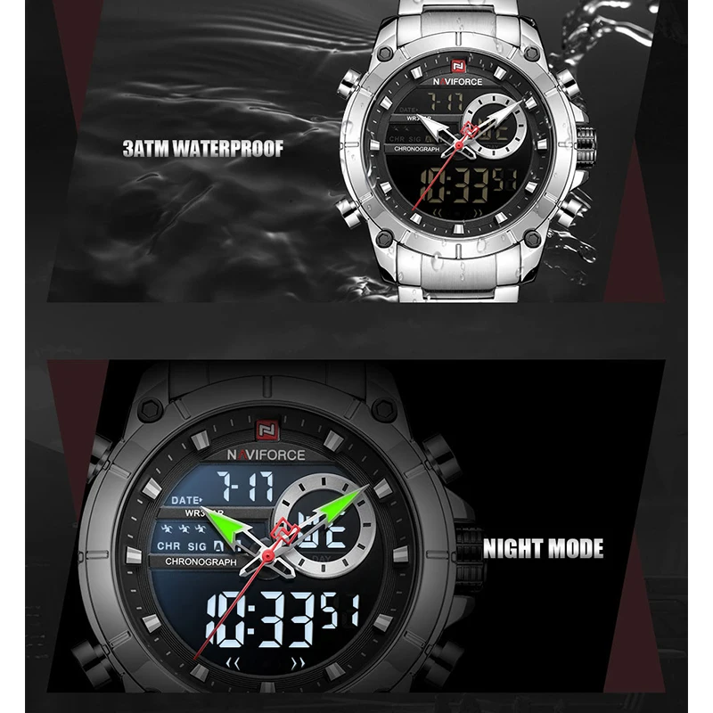 NAVIFORCE 9163 New Watches for Men Luxury Sports Quartz Wrist Watch Male Stainless Steel Waterproof Dual Display Digital Clock