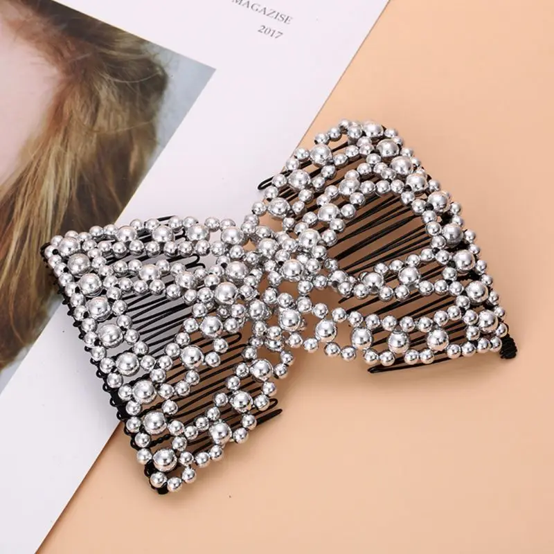 Women Handmade Imitation Pearl Beaded Jewelry Magic Hair Side Combs 20 Tooth Stretchable Double Clips Styling Hairpins