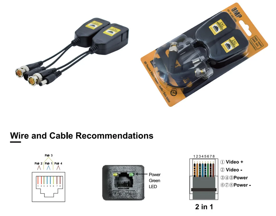 Imagem -04 - Bnc para Rj45 Poder de Vídeo Passivo e Áudio Balun Transceptor para Câmera Cctv 8mp Cvbs Ahd Cvi Tvi Utp Par