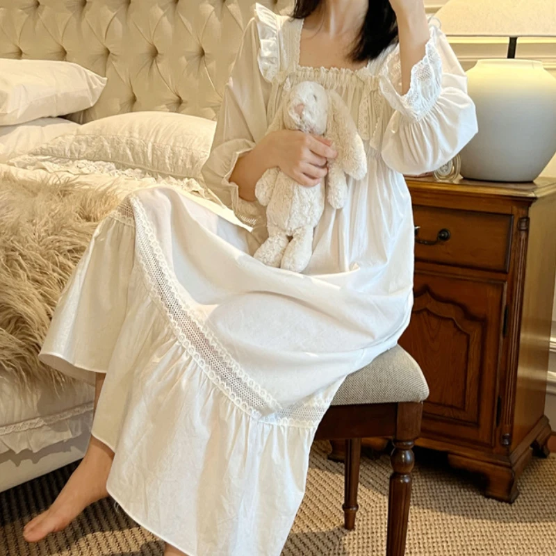 Victorian White Night Dress Women Pure Cotton Sexy Lace Ruffles Long Sleeve Robe Peignoir Sleepwear Princess Vintage Nightgowns