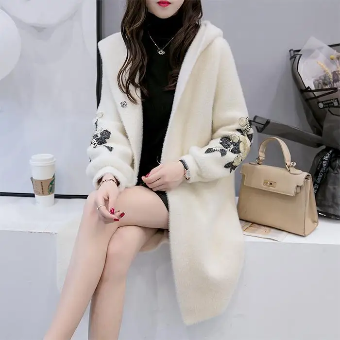 New Women Long Outwear Faux Fur Coat Autumn Winter With Hat Embroidered Warm Single Breasted