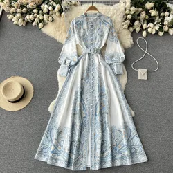 D060 Women New Fashion Spring Autumn Court Elegant Printing Single Breasted Thin A-line Dress Long Sleeve Vintage Vestidos