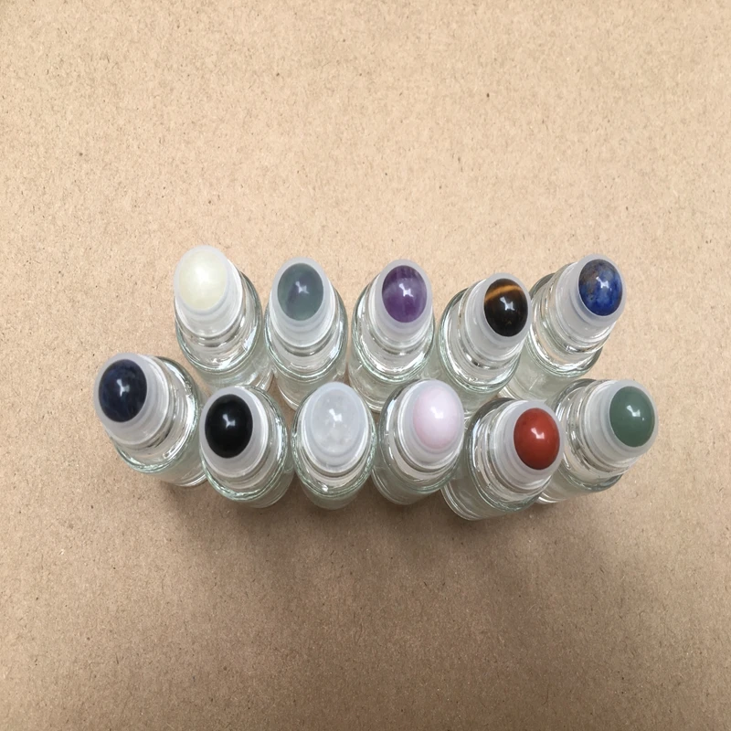 100pcs 5ML Empty gem Roller bottles transparent Thick Essential Oil glass bottle gemstone jade crystal roller plastic cap