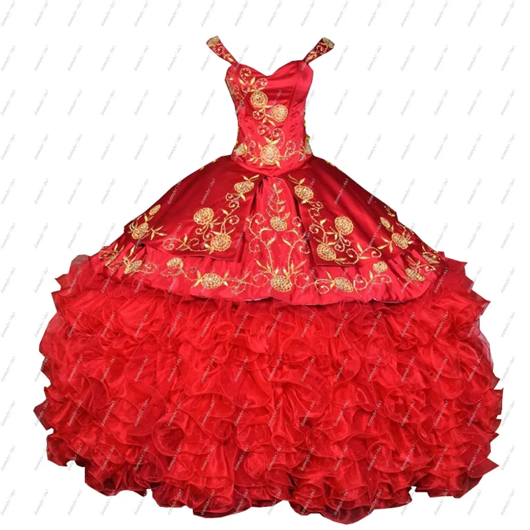 Luxury Gold Embroidery Red Ball Gown 15 Dress Quinceanera Sweet 16 Dresses Ruffles Organza Satin Sequins Beaded Corset Back