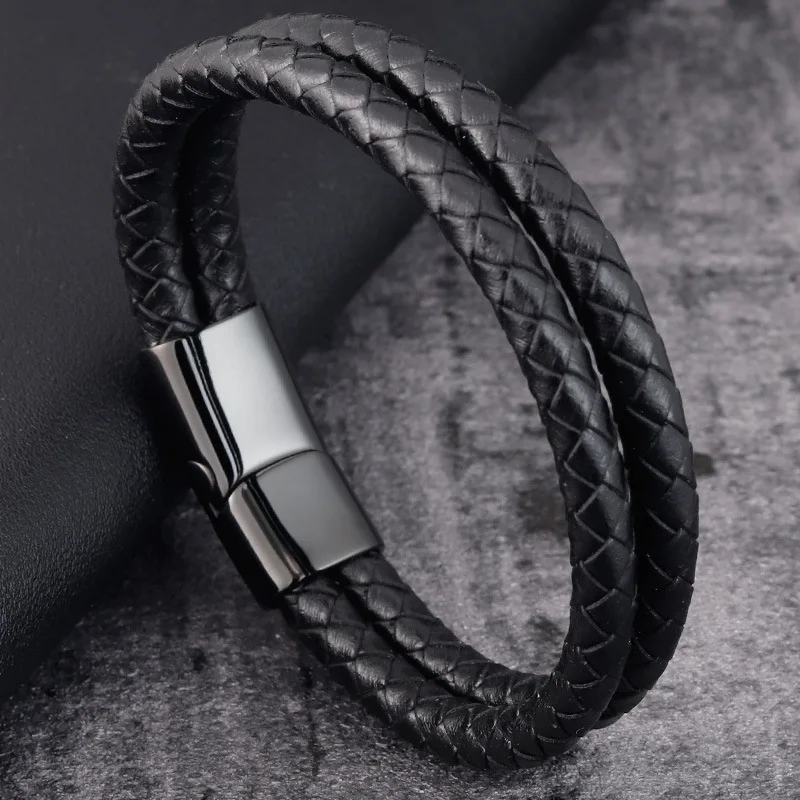 New Fashion Jewelry Men Bracelet Stainless Steel Magnet Clasp Genuine Leather Cuff Bangle Bracelet Men