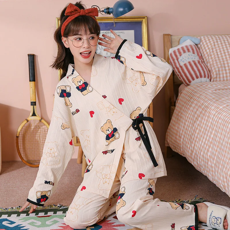 Japan Kimono Sleepwear Fashion Cardigan V-neck Women's Pajama Suit Plus Size Spring Female Clothing sets pijama feminino Freeshi