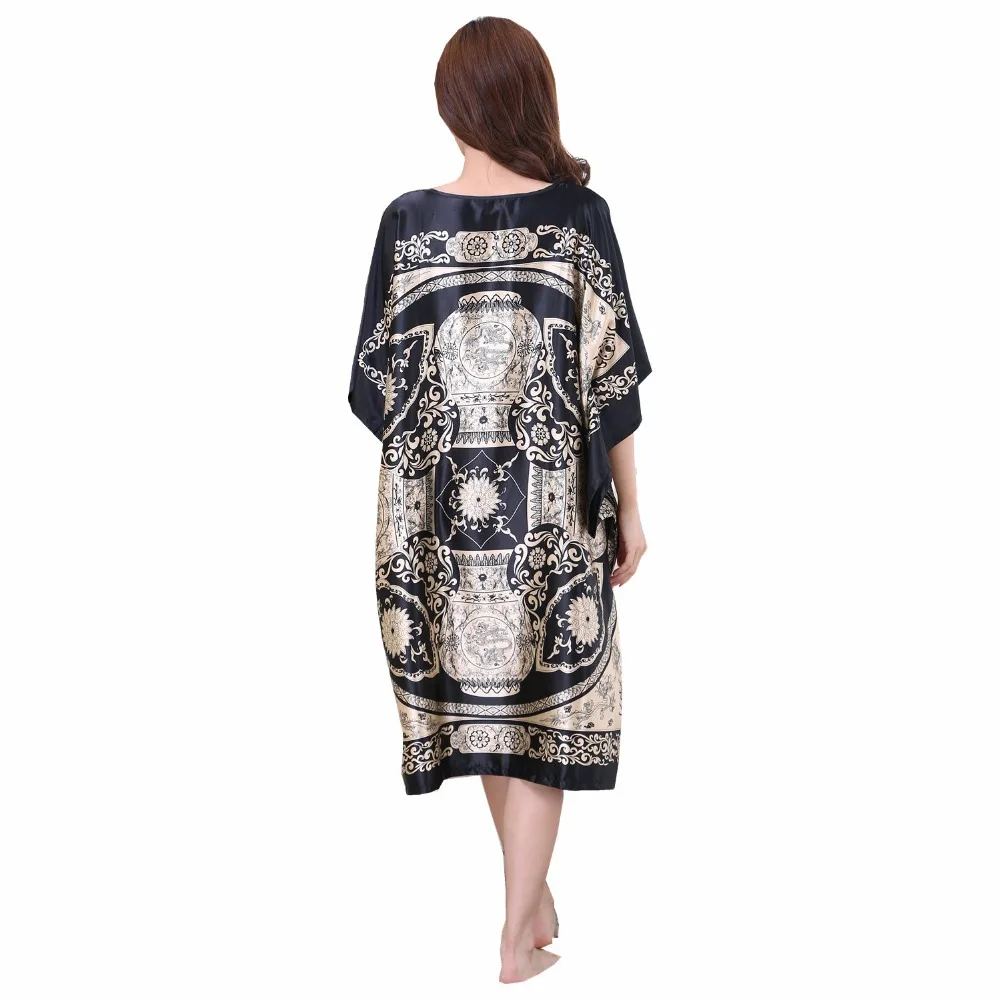 Plus Size Summer Women\'s Faux Silk Nigh Robe Black Lady Bath Gown Nightgown Bathrobe Sleepwear Mujer Pijama Flower Zh07C