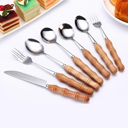 YOMDID 1PC Dinner Knife Fork Spoon With Wood Handle Stainless Steel Cutlery Western Food Dessert Tableware Fork Spoon Dinnerware