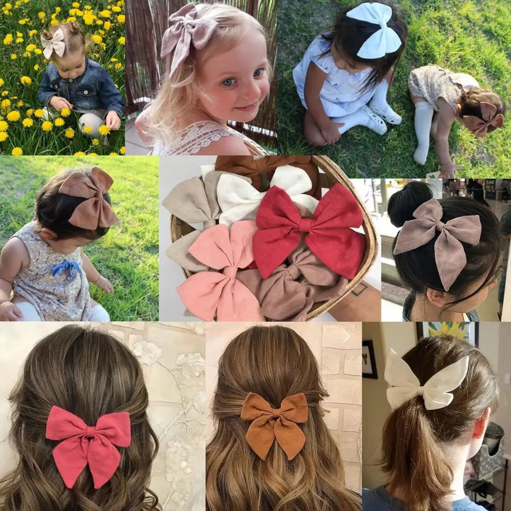 2 PCS Boutique Linen Fabric Bows Baby Girls Women Cotton Hair Clips Sailor Bows Barrettes Hair Accessories Hairgrips Headwear