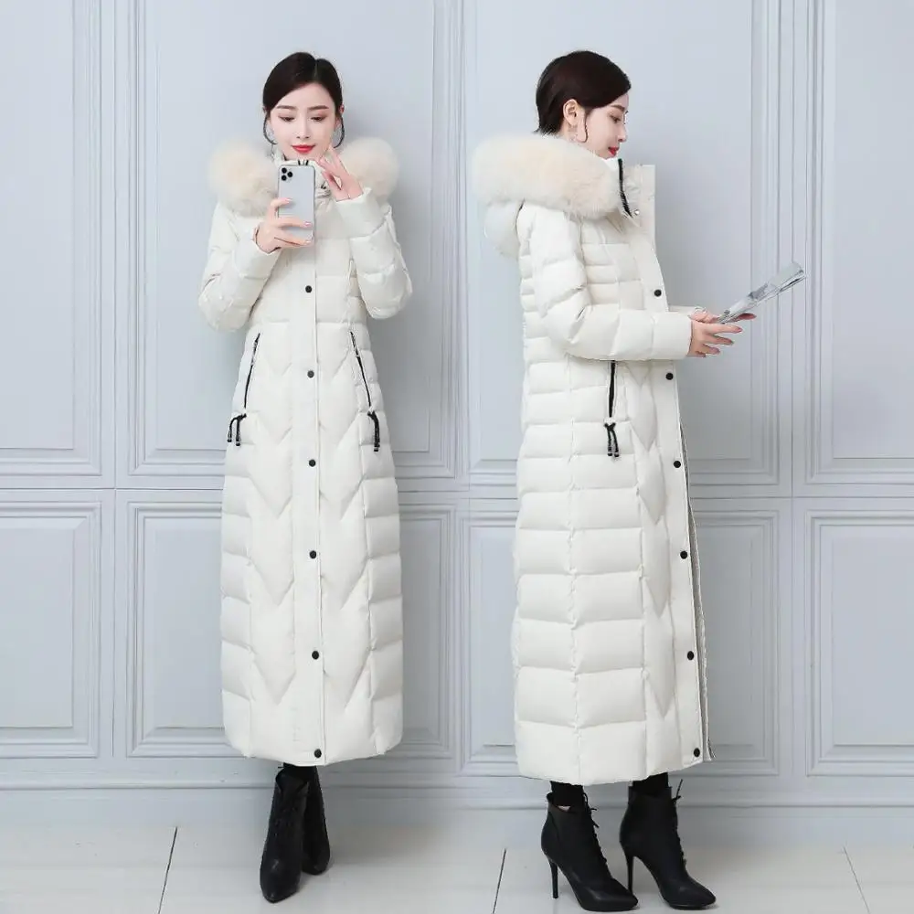 4XL fashion 125cm X-long real fox fur down coat female thicker warm Down Jacket big real fox fur collar hooded Parkas F2212