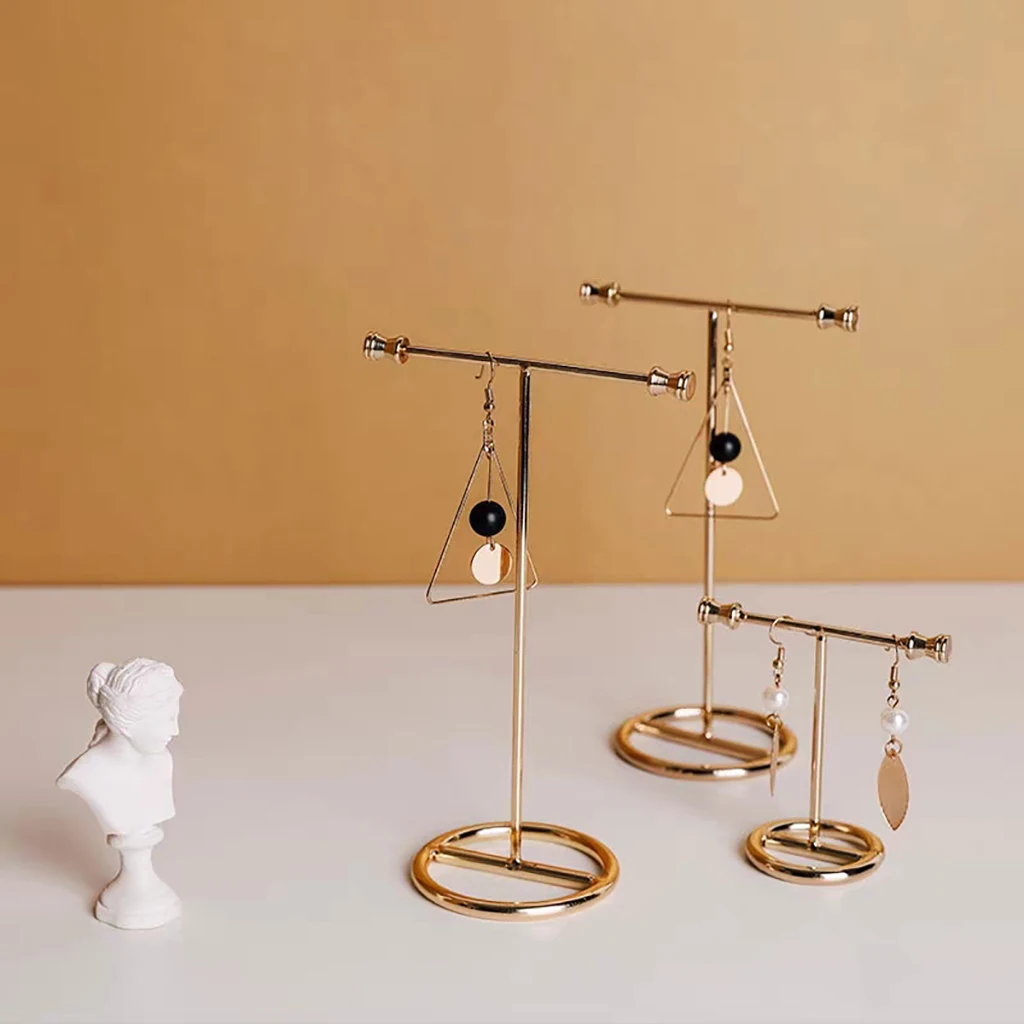 Metal Earring Display Stand Women Desk Jewelry Organizer Gold Color T-bar Ring Necklace  Showing Shelf Jewelry Rack